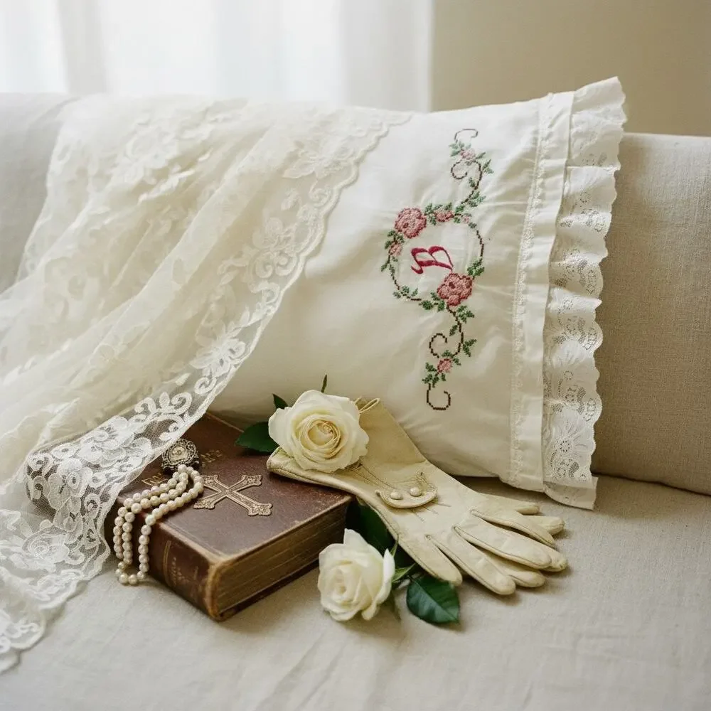 Vintage Embroidered Monogram B Pillowcase-Lace Edge-Cottagecore-Standard White